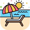 Illustration d'une scène de plage avec une chaise longue sous un parasol rouge et jaune, près de l'océan et de douces vagues, alors que le soleil brille - parfait pour se détendre après avoir visité une onglerie à proximité.